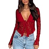 AGECODE Women's Sexy Open Front Tie Long Sleeve Ruffle Trim Sheer Mesh Lace Crop Tops Blouses