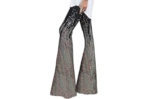 EVALESS Women Sequin Pants Sparkly Glitter High Waisted Wide Leg Flare Trousers Bell Bottom Night Out Clubwear