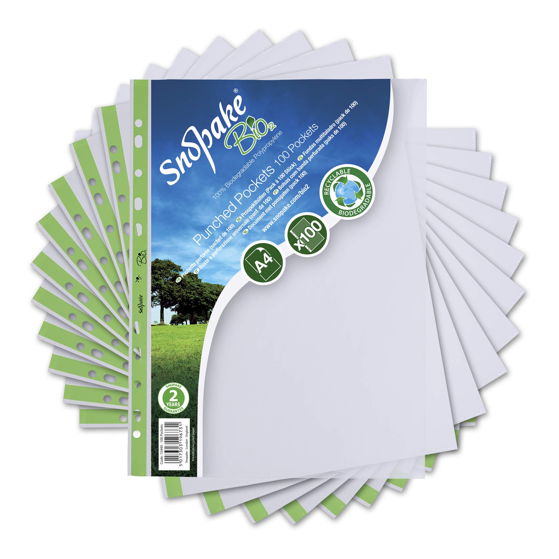 Snopake A4 Bio2 Punched Pockets [Pack of 100] Recyclable and Biodegradable Filing Sleeves [15440]