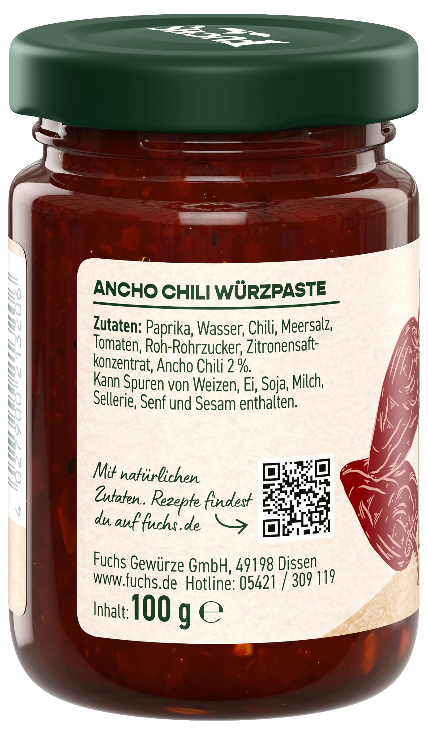 Fuchs Gewürze - Ancho Chili Paste | Mild, leicht rauchige Würzpaste mit natürlichen Zutaten, mit Paprika, Tomaten und Ancho Chili | Ideal für Schmorgerichte | 100 g in wiederverschließbarem Glas 2