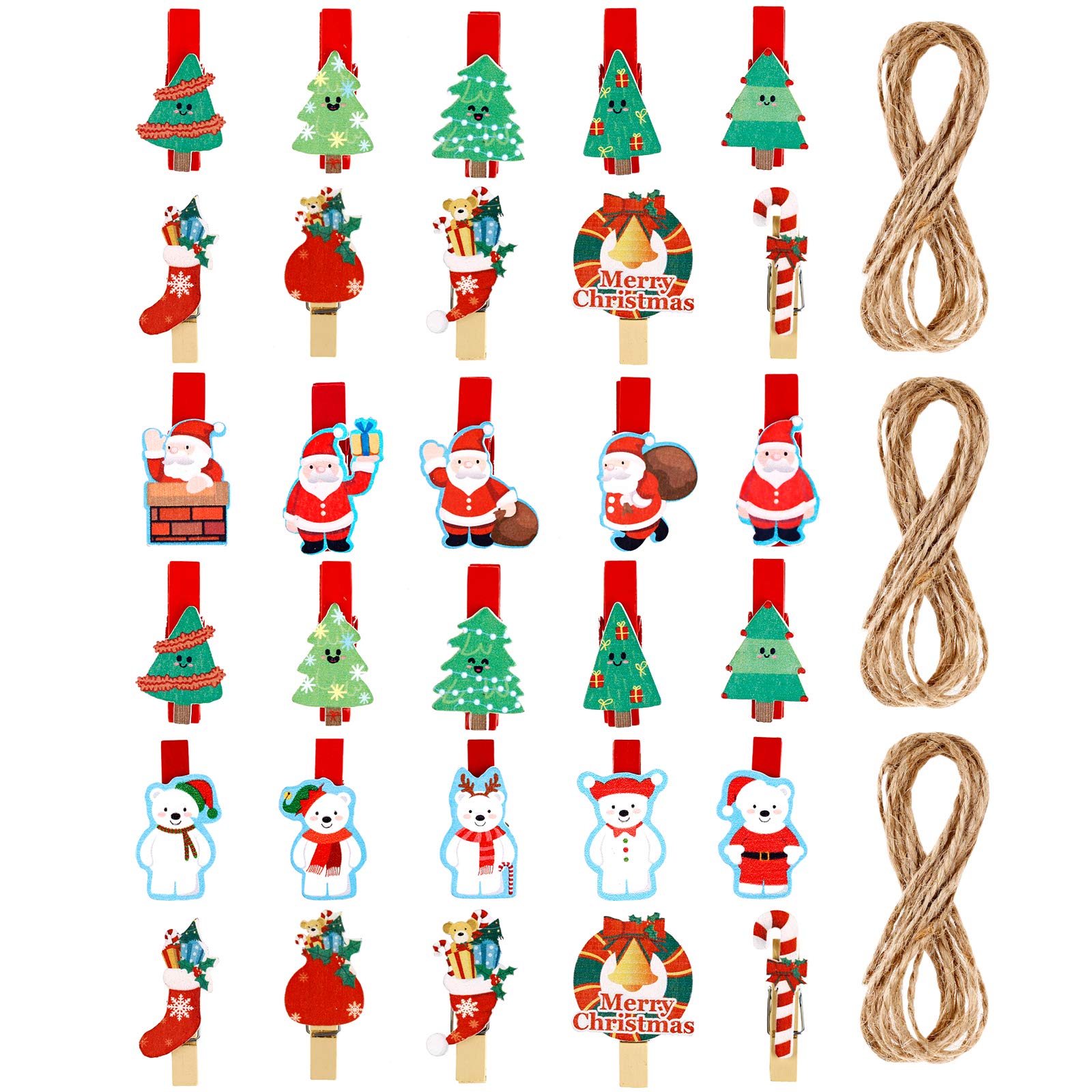 Kiiwah 30Pcs Christmas Wooden Clips, Mini Photo Pegs with Jute String for Card Ornaments Hanging Christmas Tree Wall Decoration