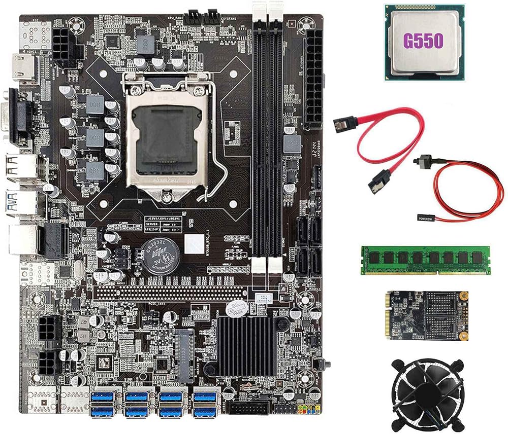 Lodokdre B75 BTC Mining Motherboard 8X PCIe USB 3.0 G550 CPU 4GB RAM 128GB SSD