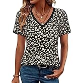 Womens Boho Wildflowers Graphic Tees Color Block/Solid Tops V Neck Short Sleeve Shirts Sandbeach Leisure Tshirt