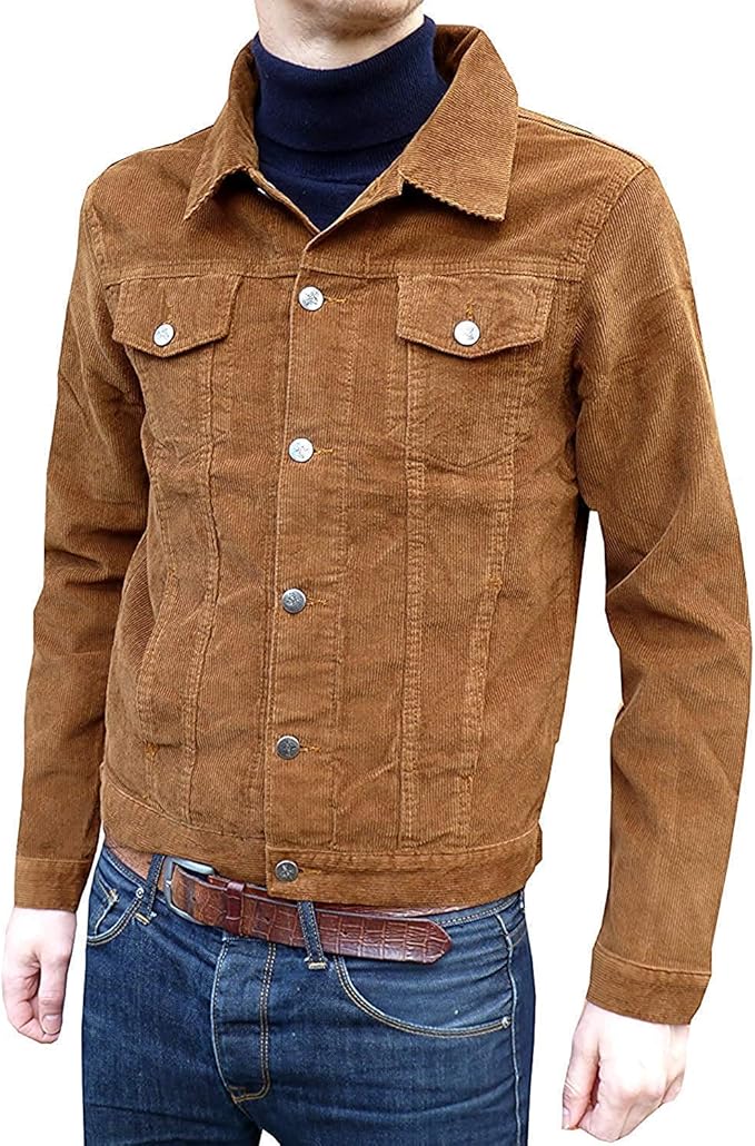 Mens Corduroy Western Denim Jacket Retro Vintage Style Ginger Tan Beige