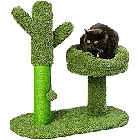 LUCKITTY Catcus Cat Scratching Post Tree with Play Ball and Bed Green-Cactus Cat Scratcher Protect Your Furniture with Natura