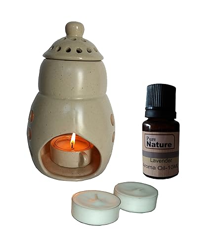 Pure Source India Ceramic Aroma Diffuser ( Big Size - 6x 8 Inch ) with 10 Ml Lavender oil and 2 big 8 hrs burning Tea Light Candles