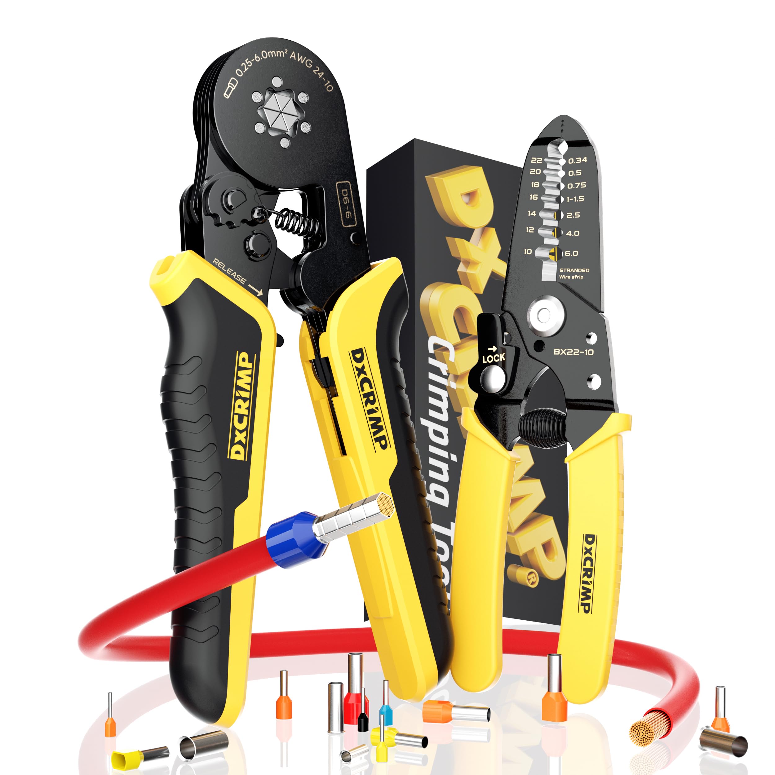 DxCRIMP® Ferrule Crimper Plier Set, Advanced Hexagonal Crimp,with Wire Stripper, Professional Electrical Ferrule Crimping Tool,Self-Adjusting [0.25-6 mm²] for Crimping Pliers Set, Electrician Tools.