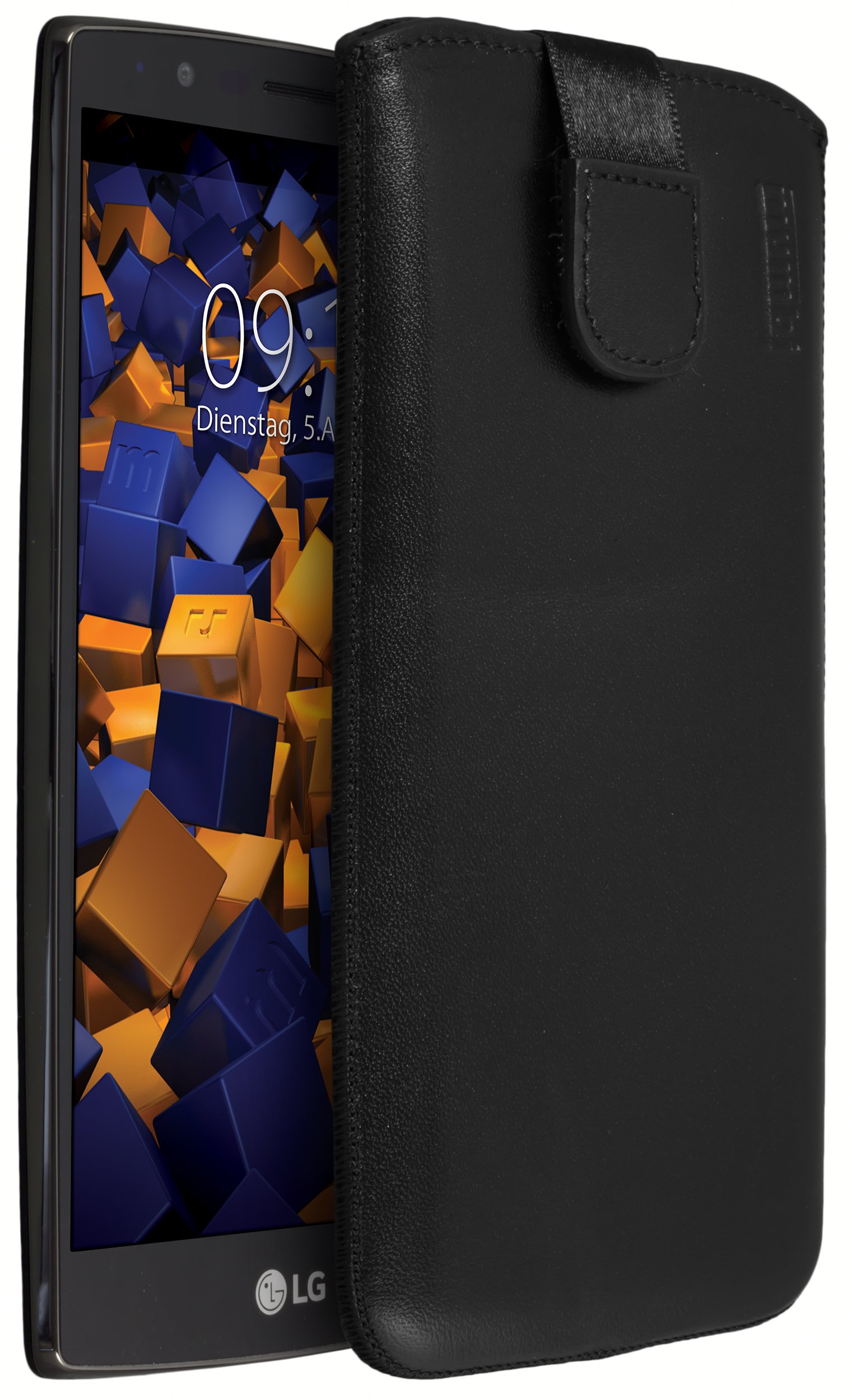 mumbi Genuine Leather Bag Compatible with LG G4 (Pull Down Tab, Pull-Out Stand) Black