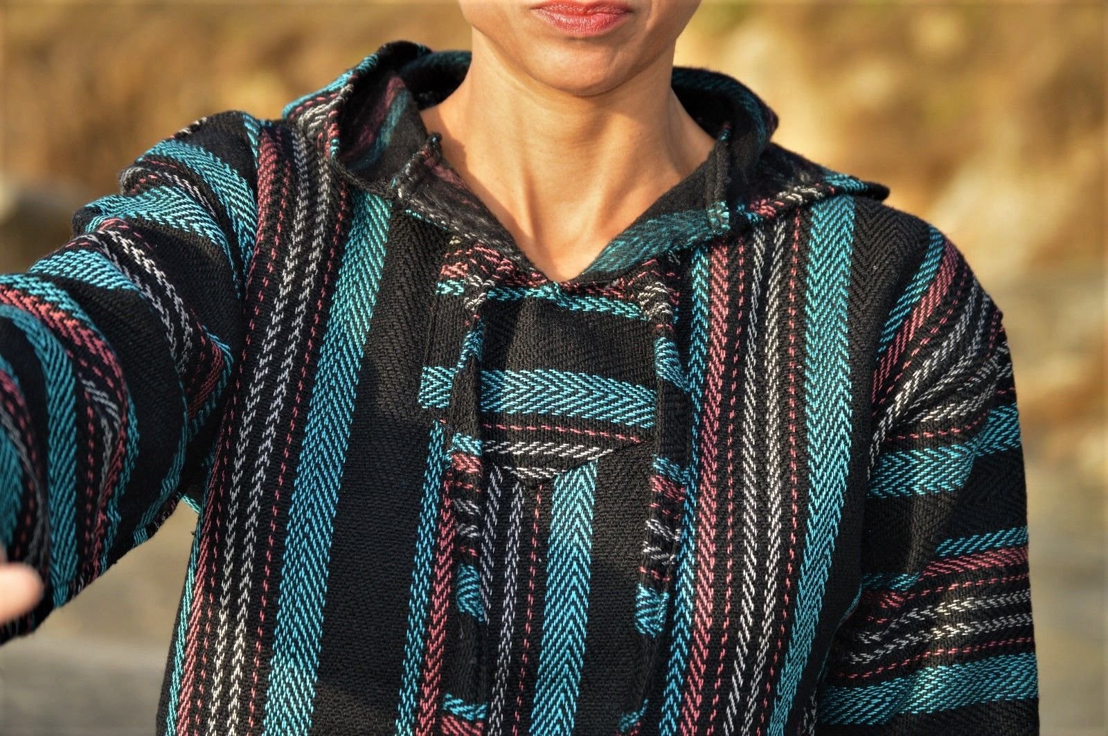 Mexican Baja Hoodie Pullover Jerga Drug Rug Sweater Black Teal Rust