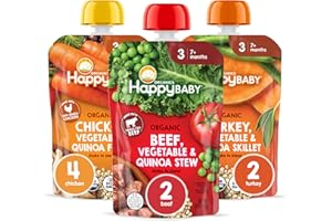 Happy Baby Organics Savory Blends Stage 3 Baby Food Puree, Meats & Veggies 3 Flavor Variety Pack (Pack of 8), Amazon Exclusive