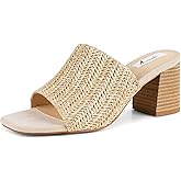 Ancomafio Heeled Sandals for Women，Raffia Sandals 2025 Chunky Heels Square Toe Mules Block Summer Shoes Slip On