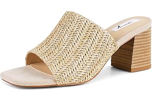 Ancomafio Heeled Sandals for Women，Raffia Sandals 2025 Chunky Heels Square Toe Mules Block Summer Shoes Slip On