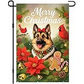 IVN Christmas Garden Flag 12x18 Inch Double Sided German Shepherd Dog with Red Birds and Gingerbread Man Christmas Outdoor Yard Flag for Outside Home Front Door Lawn Porch Patio Welcome Decor