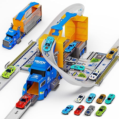 Hot Bee Car Toy for Boy Transporter Race Truck Toy for Boy Age 2 3 4 5 6 7 Year Old Gift for Kids Boys Toys for Ages 3-5 Birthday Gifts for Toddler Portable Truck Toys for Kids with 8 Race Car