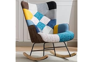 Whalemon Rocking Chair,Nursery Rocking Chair with High Backrest and Side Pocket,Cotton Linen Fabric Glider Rocking Chair for Nursery,Modern Accent Chair for Bedroom,Living Room,Office-Blue