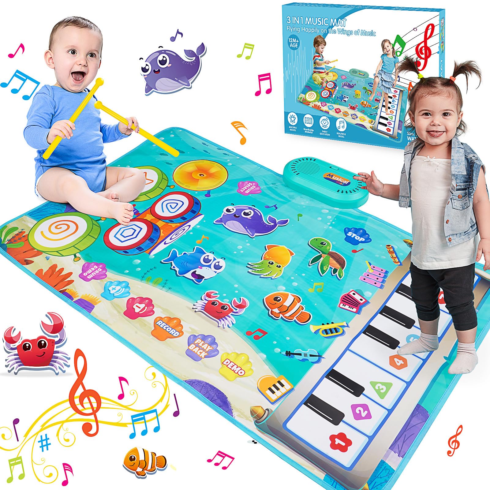 Musical Toys for 1 2 3 Year Old Boys Girls, 3 in 1 Animal Musical Mat with 19 Sounds & Rcording Function Toddler Toys 1 2 3 Year Old Girl Boy Gifts, 1st Birthday Gifts for Boy Girls Educational Toys