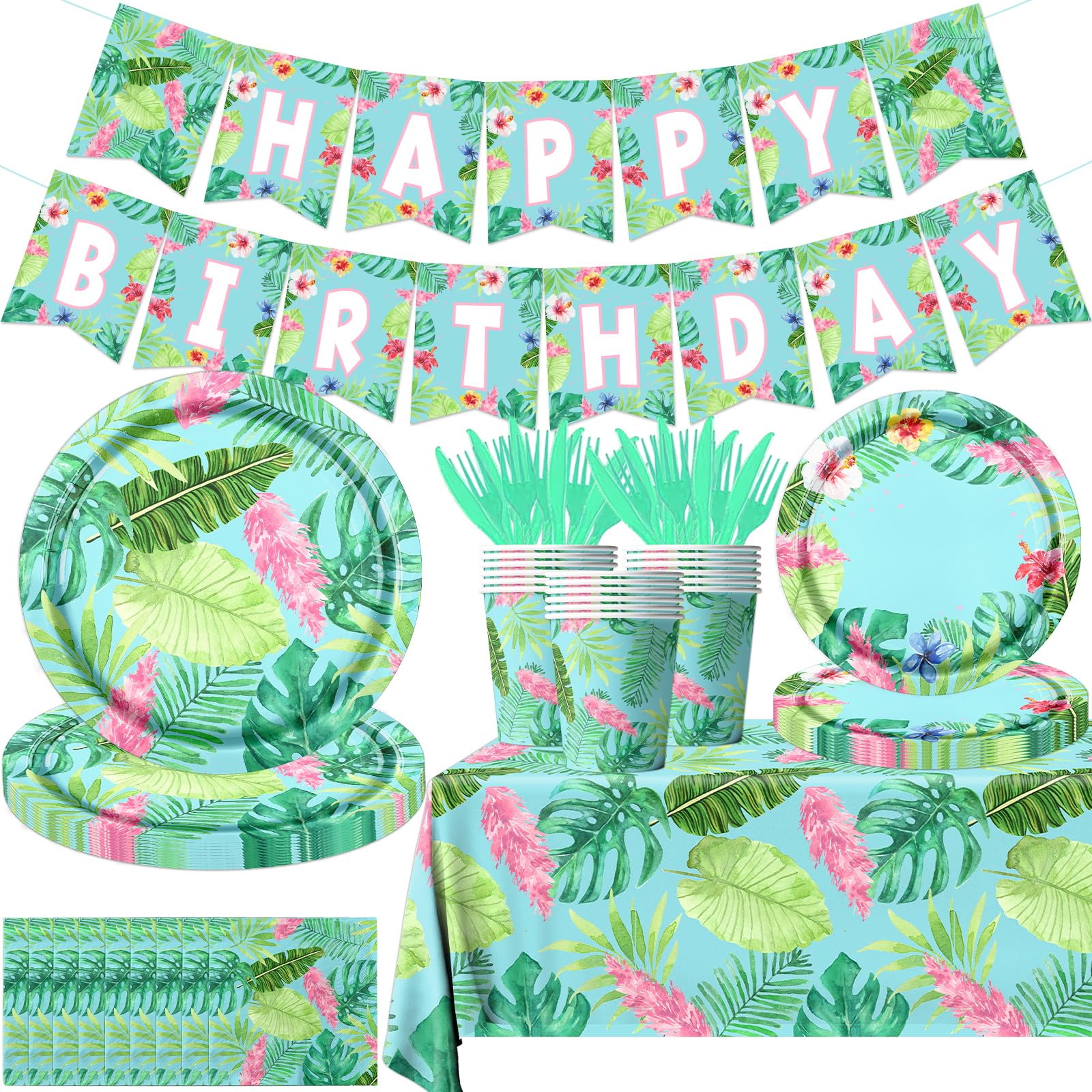 Photo 1 of 142Pcs Hawaiian Birthday Party Plates and Napkins Tropical Luau Party Decorations Palm Leaves Tableware for Summer Beach Birthday Hawaiian Luau Party Supplies