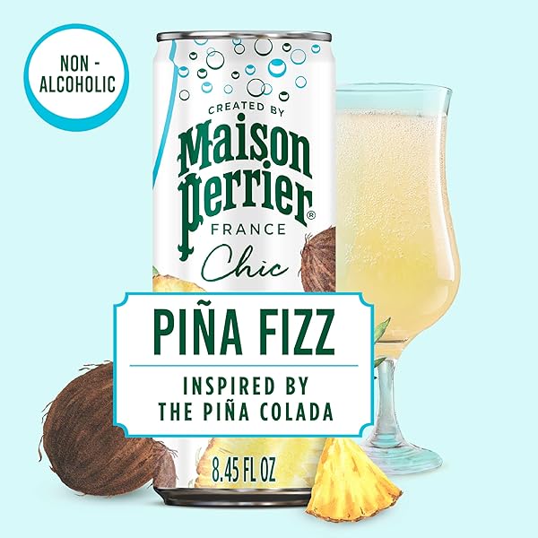 MAISON PERRIER CHIC PINA FIZZ, PINEAPPLE AND COCONUT FLAVORED SPARKLING BEVERAGE, LOW CALORIE, MOCKTAIL, 4-PACK