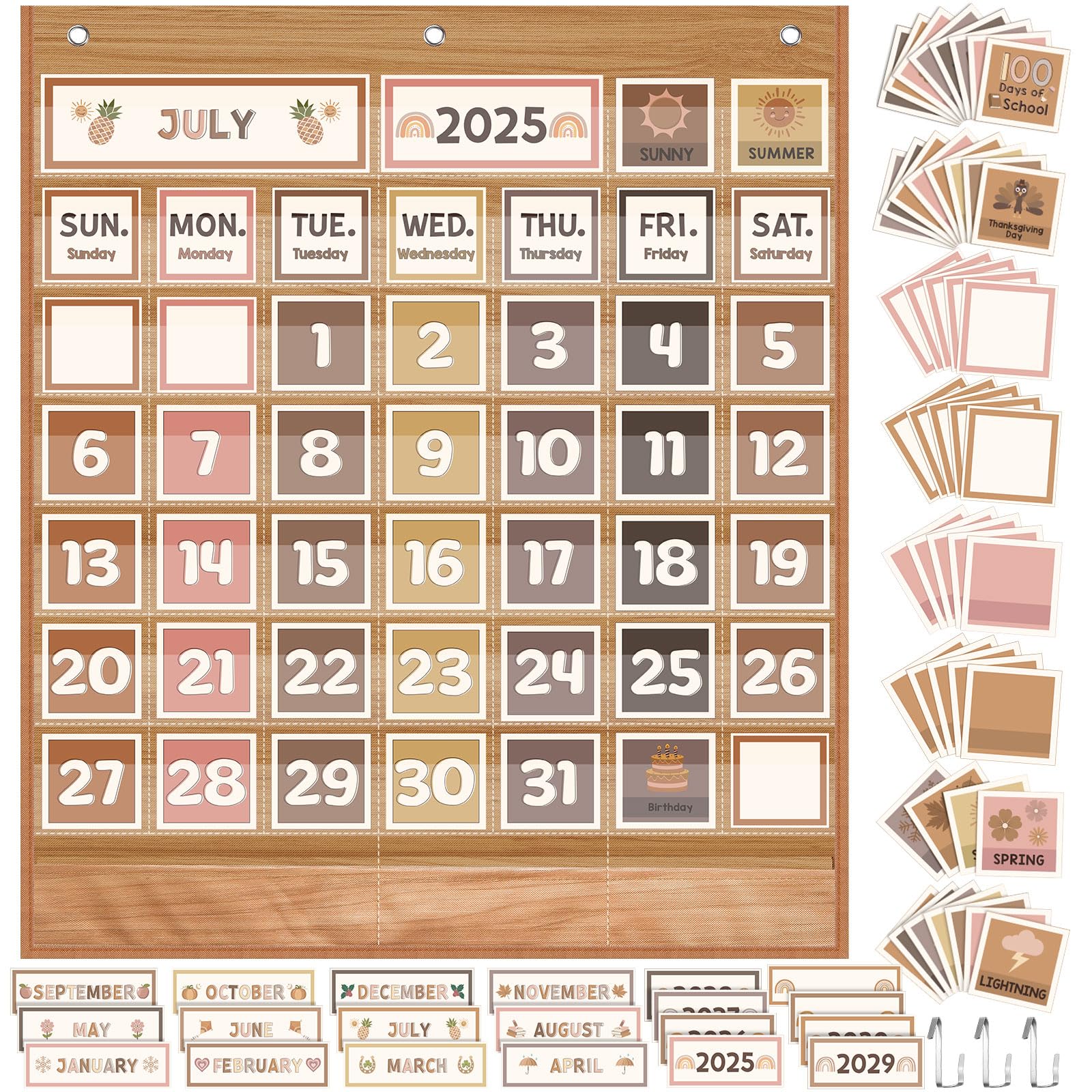 Photo 1 of Sinload Classroom Calendar Pocket Chart Set Calendar Bulletin Board Set Seasons Festival Weather Pocket Chart for Classroom Decoration Back to School Supplies(Neutral Boho)