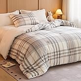 hadamick 100% Cotton Comforter Set Queen Size – Reversible Yarn-Dyed Checkered Design, Soft Washed Cotton on Both Sides, Lightweight All-Season Bedding, Machine Washable(Grey White Plaid, 90”x90”)