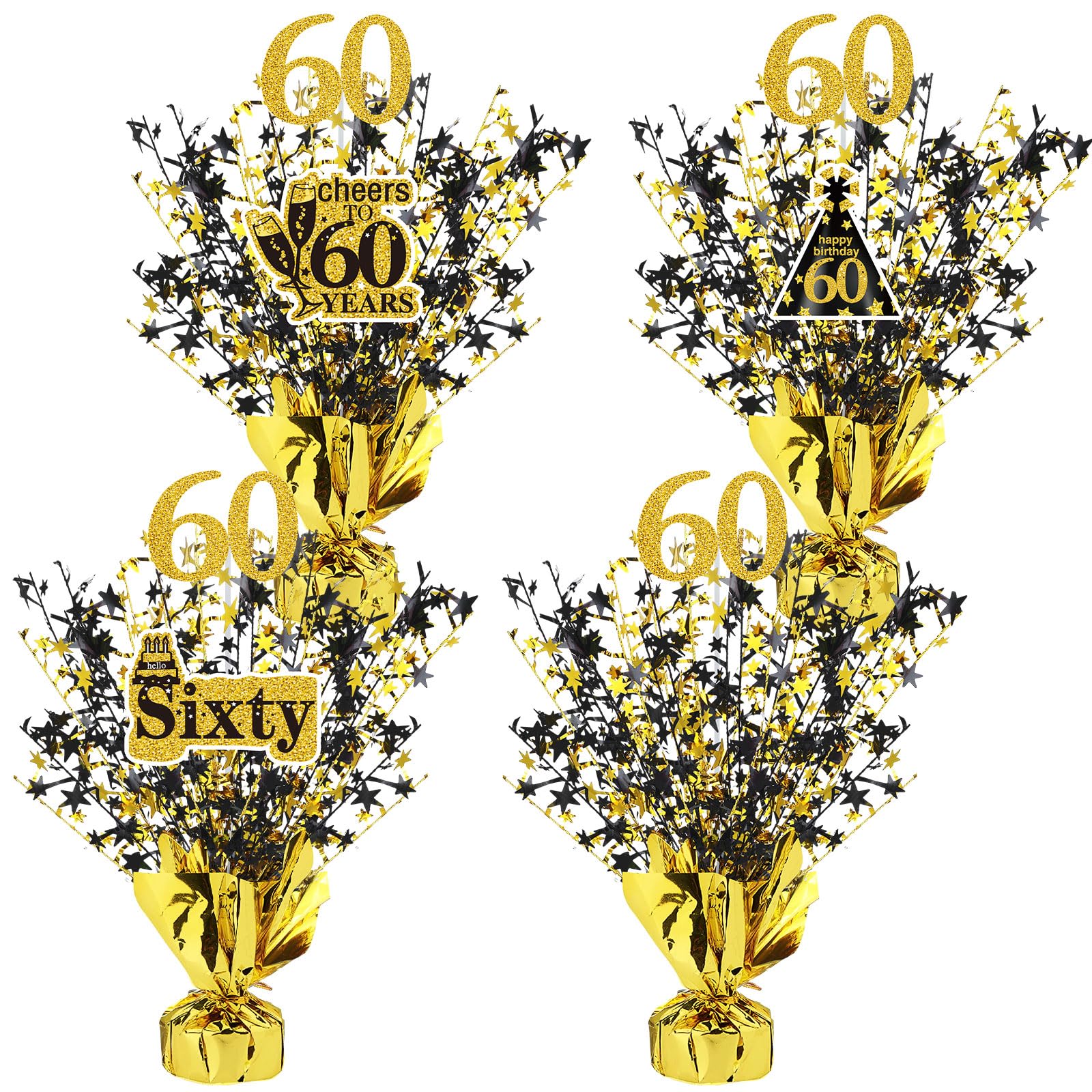 Photo 1 of Tatuo 4 Pcs Metallic Foil Spray Centerpiece Happy 30th 40th 50th 60th Years Centerpiece Table Decorations for Black and Gold Birthday Anniversary Wedding Party Table Decor(60th Birthday)