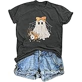 Halloween Shirts for Women Bow Ghost Shirt Cute Spooky Tshirt Fall Flower Graphic Tees Casual Short Sleeve Tops