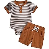 Hihosdor Baby Boy Outfits Ribbed Short Sleeve Striped Romper Top Solid Shorts with Pocket Baby Boy Summer Clothes 0-18M