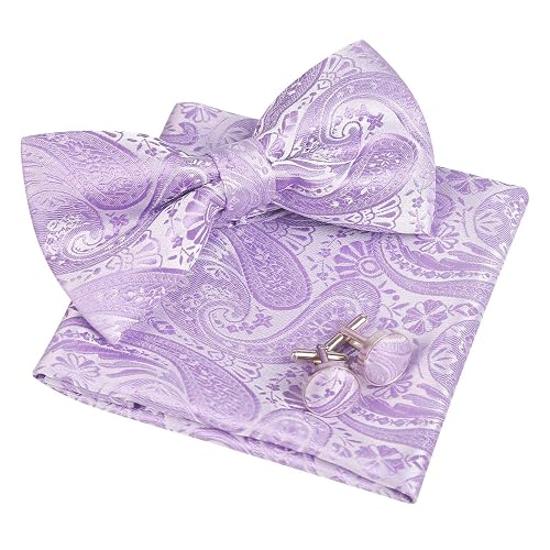 Alizeal Mens Classic Paisley Jacquard Bow Tie, Hanky and Cufflinks Set, Lilac