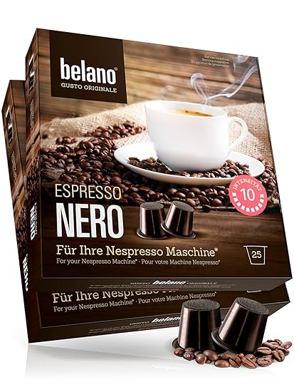 Nespresso kompatible Kapseln von Belano für Kapsel-Maschine - 50x Kaffeekapseln 100% Arabica Kaffee Stärke 10 Lungo Caffe Cre