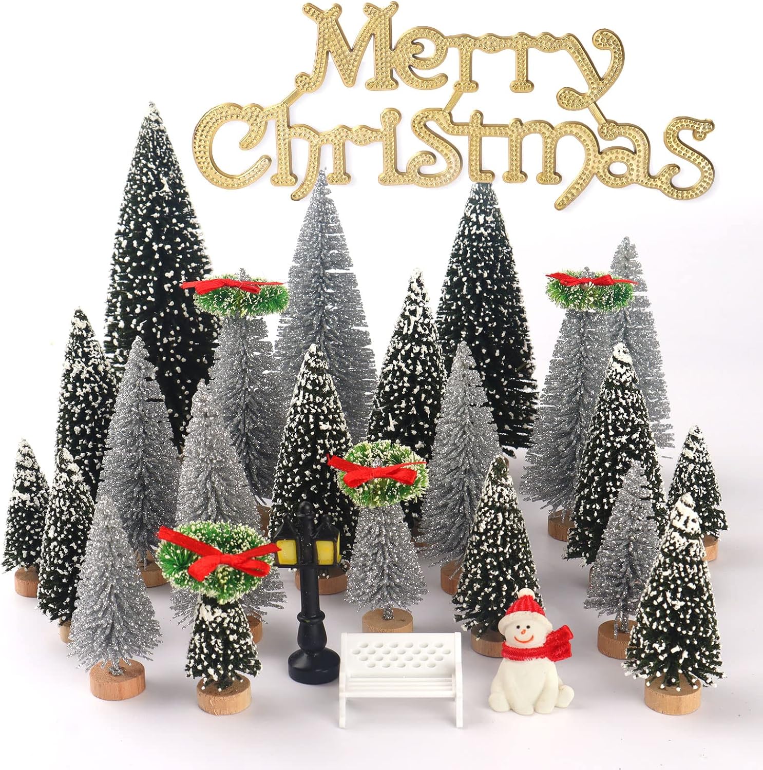 Trees - UNIPRIMEBBQ Mini Miniature Christmas Pine Tree Bottle Brush Trees Wooden Bases Tree for Your Village Desktop Xmas Holiday Party (Silver/Green 30pcs)