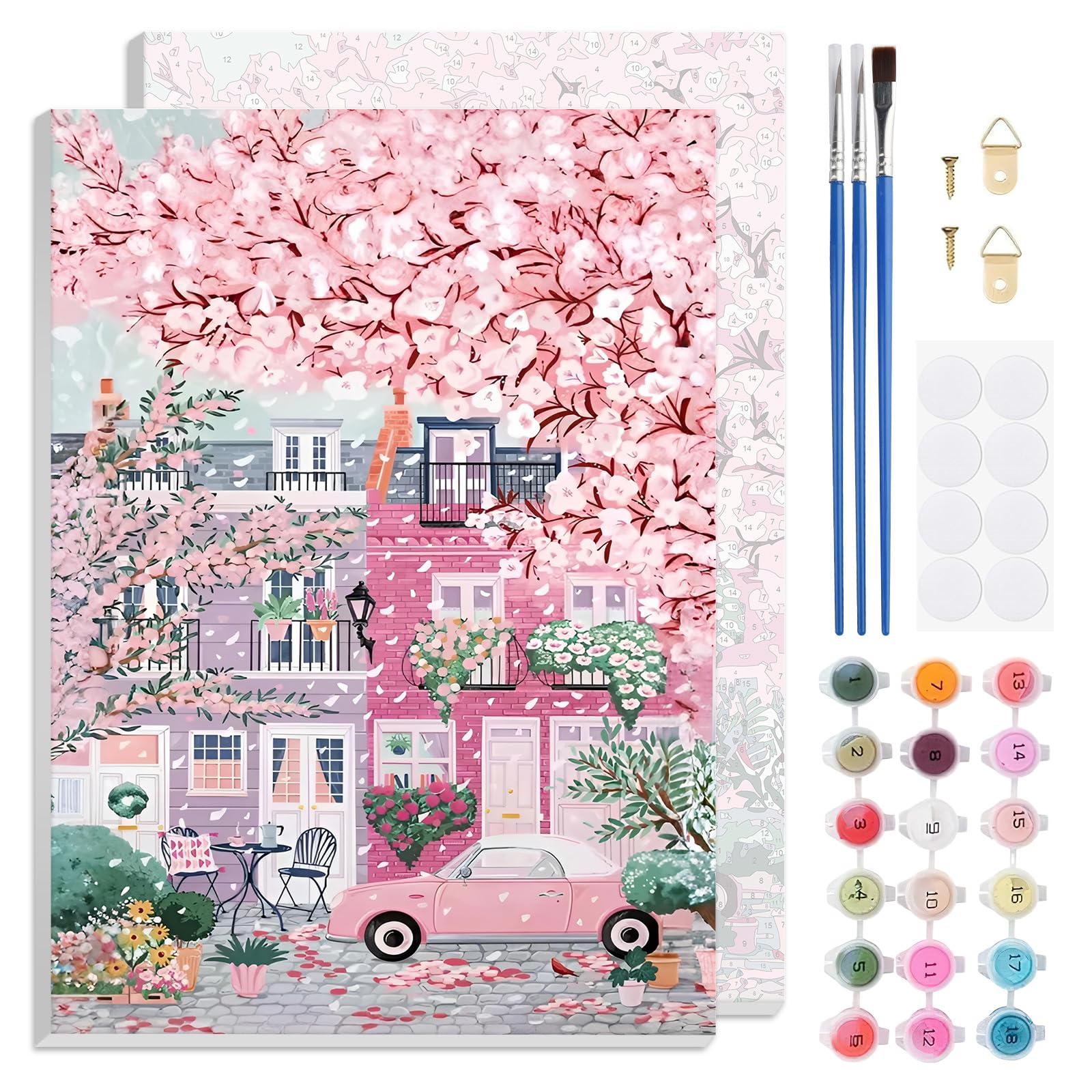 TLIOBLO Pink Landscape Paint by Numbers Kits with Frame for Adults Beginners, DIY Cherry Blossom Tree Painting by Numbers on Canvas for Home Wall Decor Gifts 20x30cm