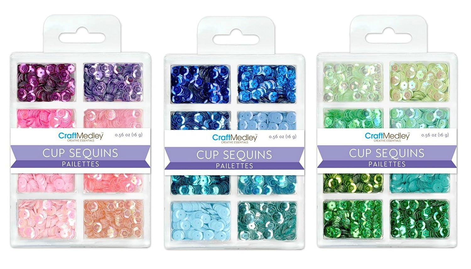 Craft Medley Cup Sequins 3 Pack Bundle - 24 Colors, 7mm - Rhythm 'N Blues, Princess & Go Green - Sewing Scrapbooking Cardmaking Crafts Embellishments