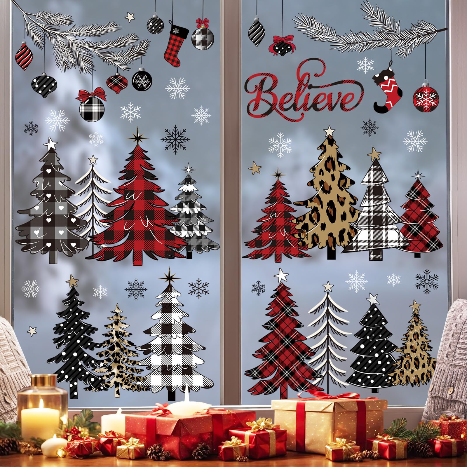 decalmile Christmas Tree Window Clings Reusable Red Black White Plaid Pine Tree Snowflake Xmas Window Decals Double Side Printed Window Stickers Home Holiday Showcase Glass Display Decoration