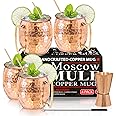 Moscow Mule Copper Mugs - Set of 4 - 100% HANDCRAFTED - Food Safe Pure Solid Copper Mugs - 16 oz Gift Set with BONUS: Premium