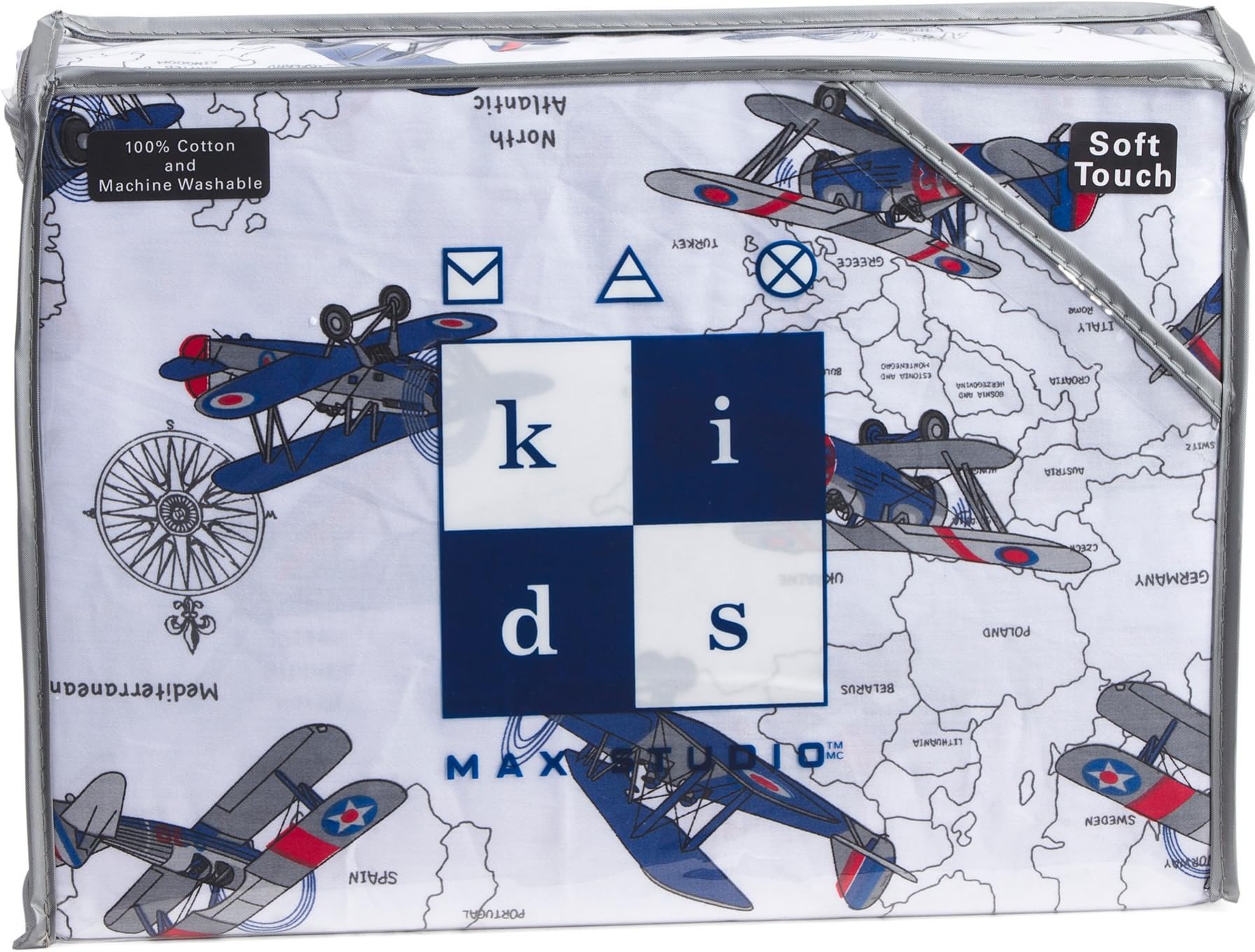 Max Studio Home Vintage Airplanes Boys Bedding 100% Cotton Sheet Set Army Biplane Flying Plane World Map Travel Decor Bedroom (Twin, Navy)