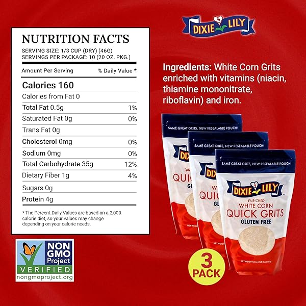 DIXIE LILY WHITE CORN GRITS – ENRICHED WITH IRON, NIACIN, THIAMINE, RIBOFLAVIN – CLASSIC SOUTHERN TASTE – CERTIFIED NON-GMO – 3-PACK, 20OZ