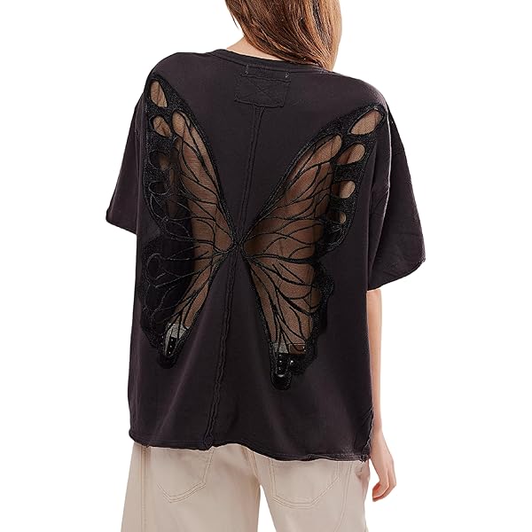 Women Butterfly Top Short Sleeve Cut Out Back Sheer Tops