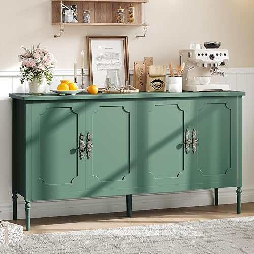 Garvee 59 in Sideboard Buffet Cabinet with Storage, Vintage Coffee Bar Cabinet with 4 Doors & Adjustable Shelves for Living Room, Kitchen, Hallway, Green