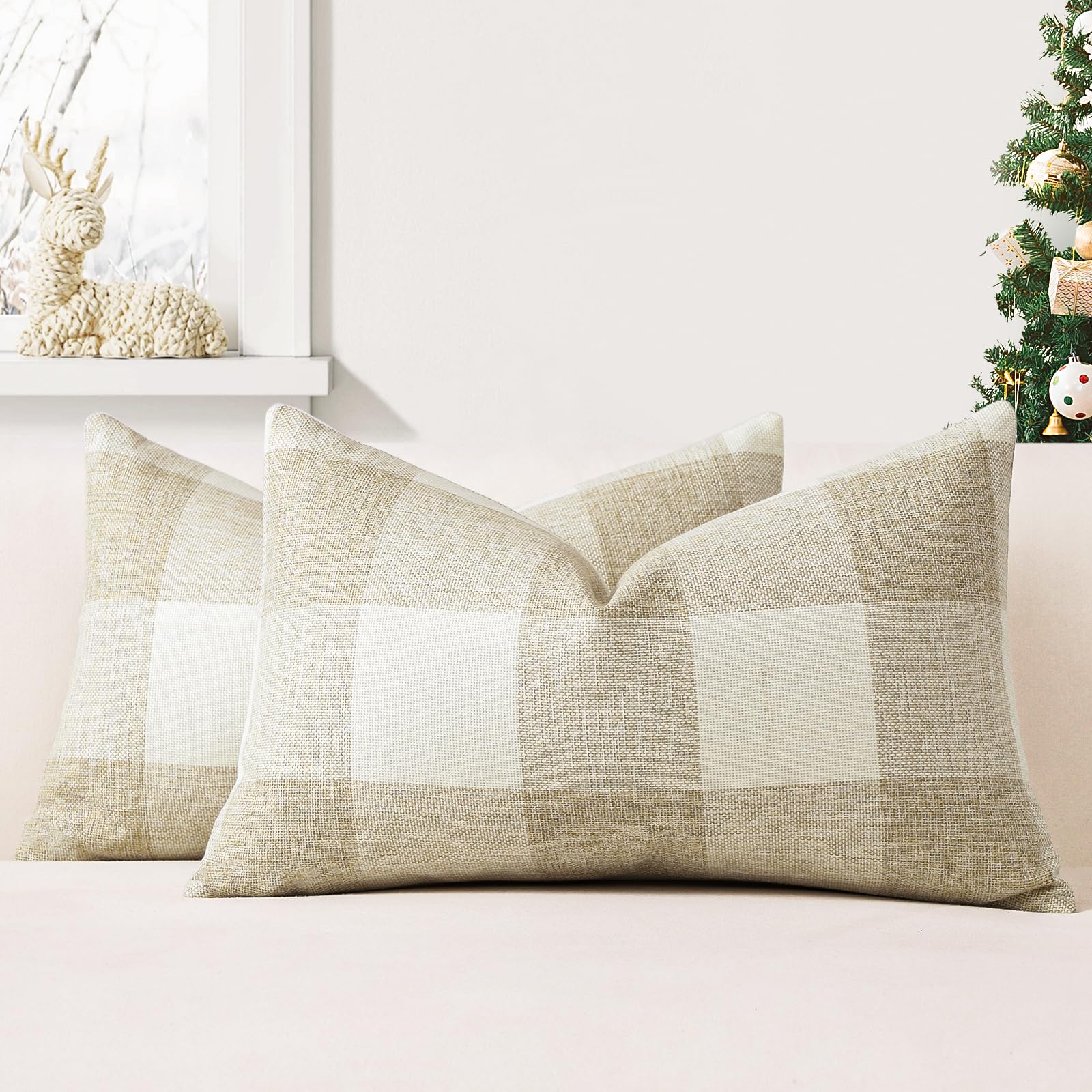 JOTOM Set of 2 Classic Plaids Cushion Covers 30x50 cm Farmhouse Buffalo Check Soft solid Decorative Throw Pillow Covers Home Decor Outdoor Cushion Case for Sofa Bedroom (Cream White)