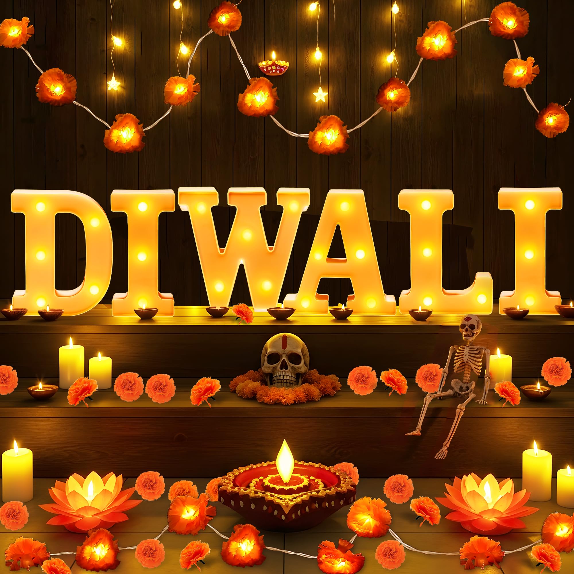 Photo 1 of 28Pcs Diwali Light Up Letters, 6.3 Inch LED Letters Diwali Decor with LED Artificial Lighted Marigold Garland, Mandir Decoration for Indian Hindu Puja Party Festival Gifts(battery not included)