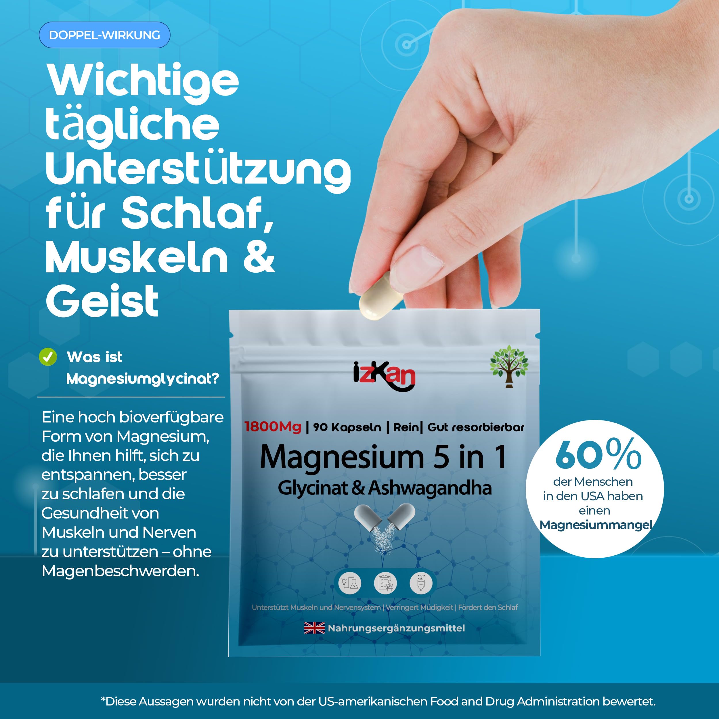 Magnesium Glycinat 5-in-1 Komplex – 1800 mg als Bisglycinat, Citrat & Malat | 384 mg Elementares Magnesium | Mit Ashwagandha & Vitamin B6 | Für Schlafqualität, Muskeln & Immunsystem | 90 Vegane Kapsel 5