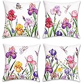 Bonhause Spring Floral Throw Pillow Covers 18 x 18 Inch Set of 4 Purple Narcissus Iris Flower Decorative Throw Pillow Cases Soft Velvet Outdoor Cushion Covers for Sofa Garden Couch Spring Home Decor