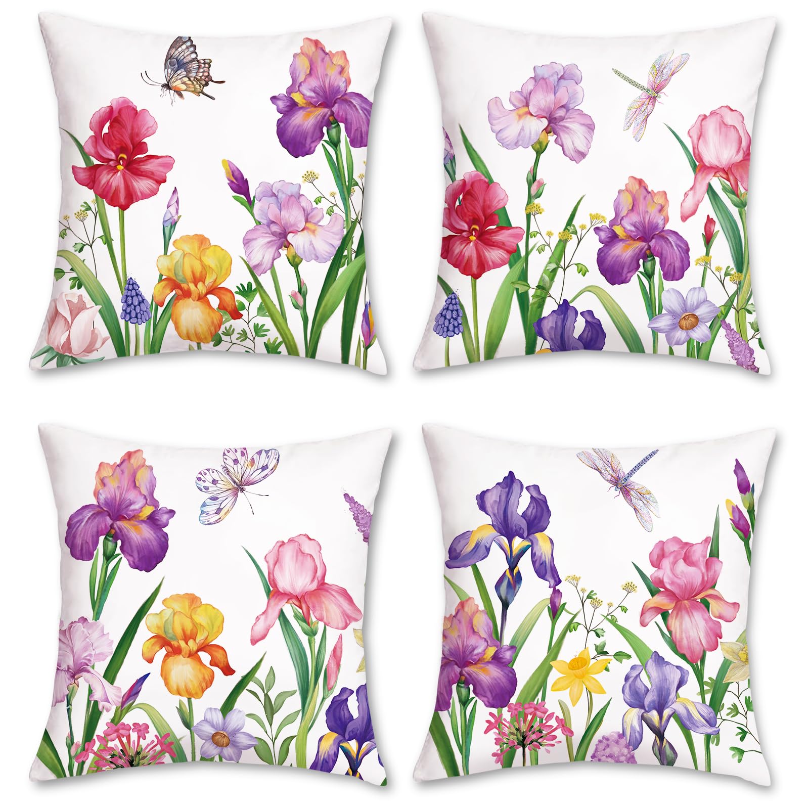 Bonhause Spring Floral Cushion Covers 45 x 45 cm Narcissus Iris Flower Decorative Throw Pillow Covers for Sofa Bed Patio Garden Decor Set of 4