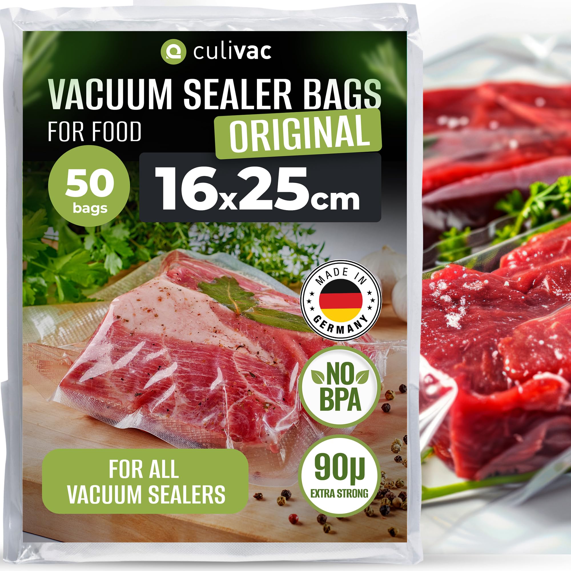 culivac Vacuum Bags – BPA-Free Heavy-Duty Embossed Foil – Made in Germany – Vacuum Sealer Bags for Food Storage and Sous Vide – Pre-Cut – 50 Pack – 16x25cm