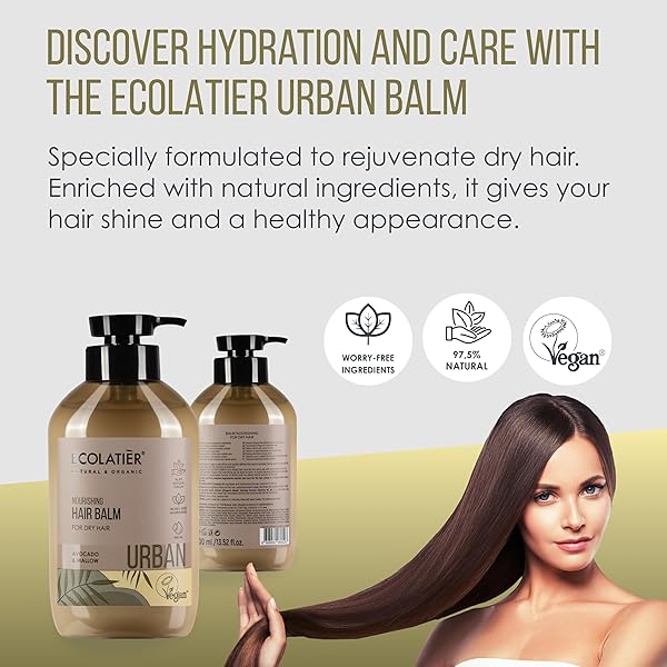 ECOLATIÈR NOURISHING NATURAL HAIR BALM FOR DRY HAIR – AVOCADO OIL HAIR CONDITIONER, VEGAN, SULFATE-FREE, HYDRATING & NOURISHING, 97.5% NATURAL INGREDIENTS – 13.5 FL OZ