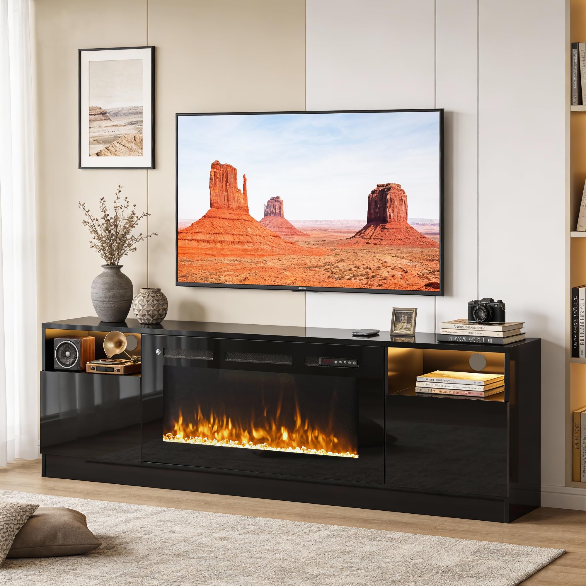 Photo 1 of ****PARTIAL SET MISSING BOX 2 OF 2***** OneBlis 70" Fireplace TV Stand with 36" Electric Fireplace, LED Light Entertainment Center for TVs Up to 80", High-Gloss Door, Modern TV Console for Living Room with Storage Cabinet, Black+Black