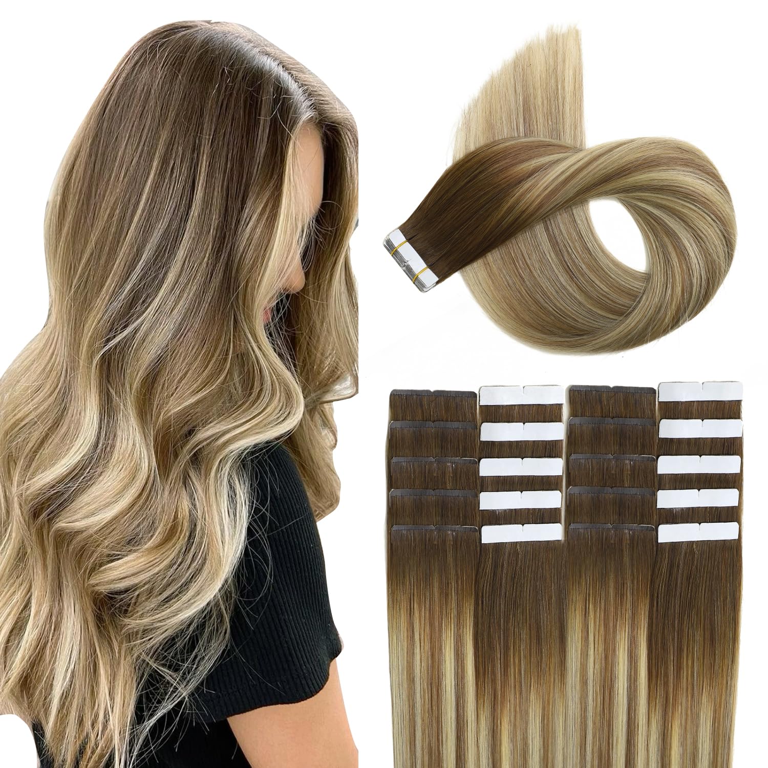 XDhair Tape in Real Human Hair Extensions 20Pcs 50G 20inch Straight Balayage Ombre Walnut Brown to Ash Brown and Blonde Hair Extensions for Fashion Women(#3/8/22,20Inch)