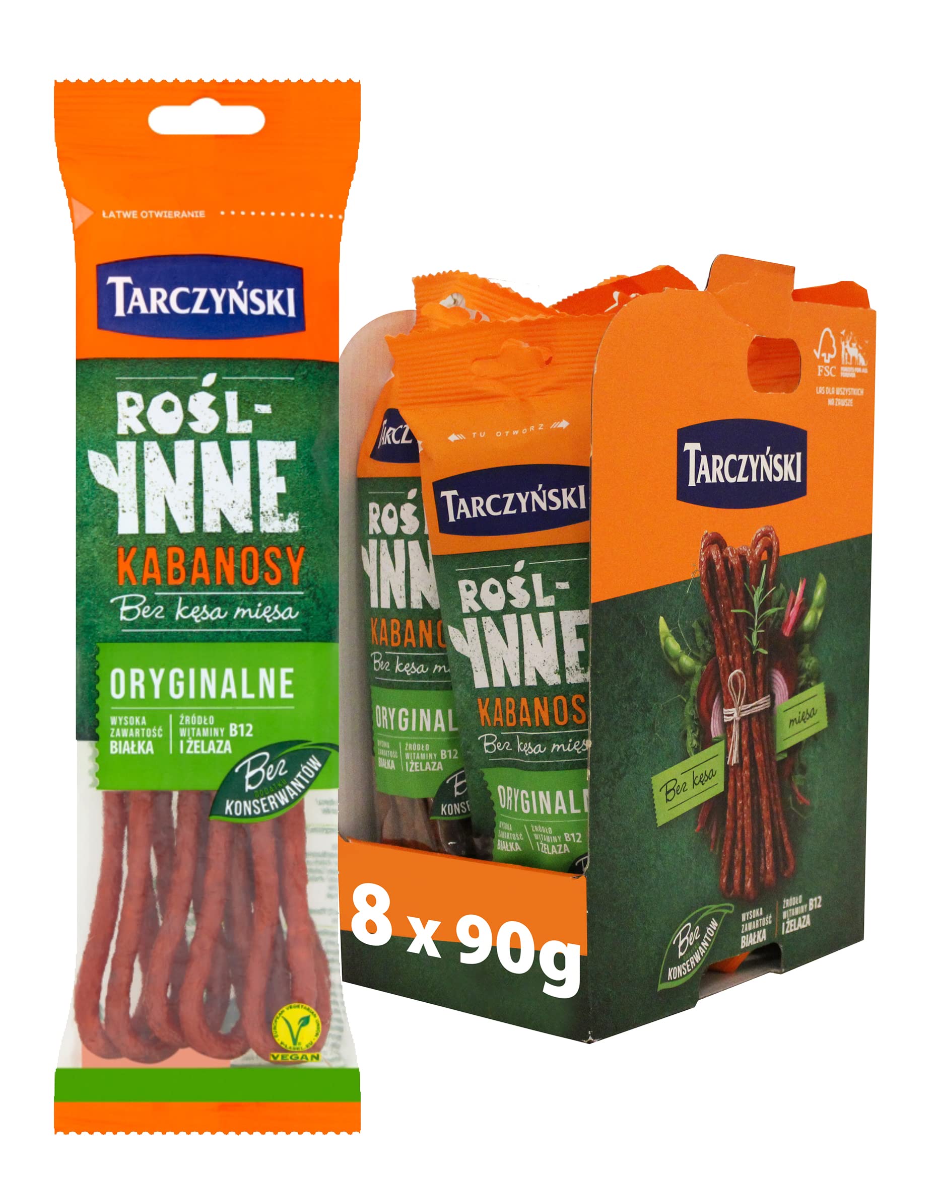 Tarczyński Vegan Kabanos Sausage Original 90G (Pack of 8) – 27g of Protein – Free From GMO – Plant Based Snack – Multipack