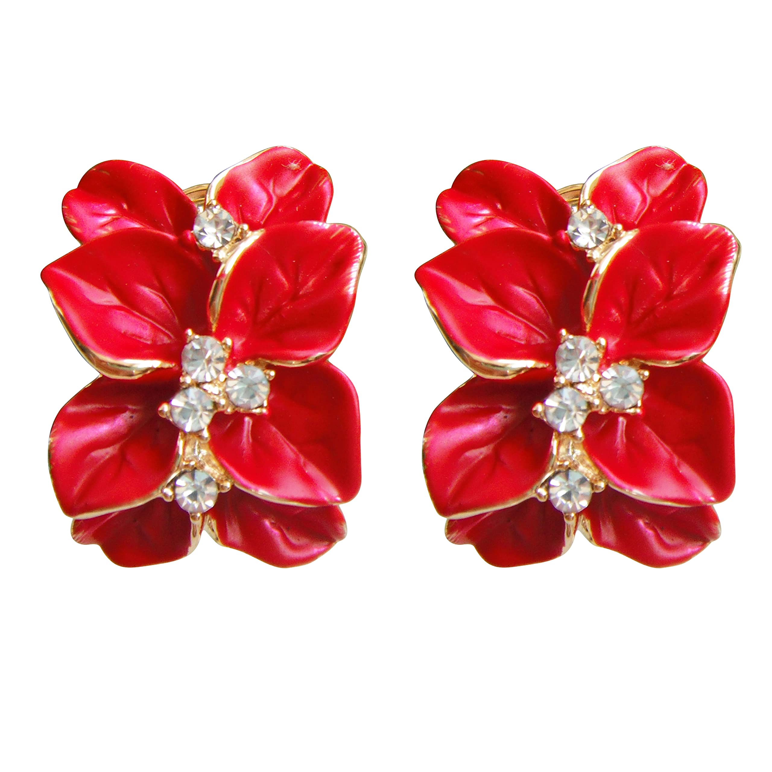 Navachi 18k Gold Plated Crystal Red Enamel Leaves Flower Az2865e Omega Earrings