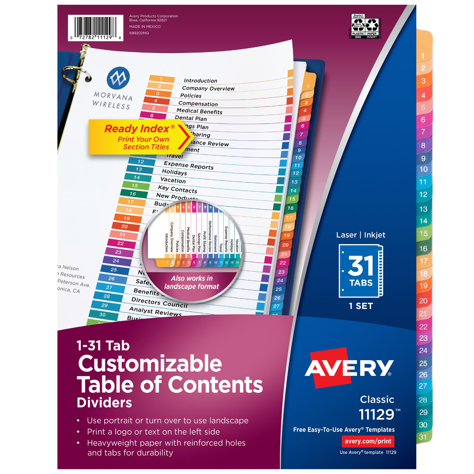 Avery Ready Index Table of Contents Dividers, 31-Tab Set, Case Pack of 12 (11129)